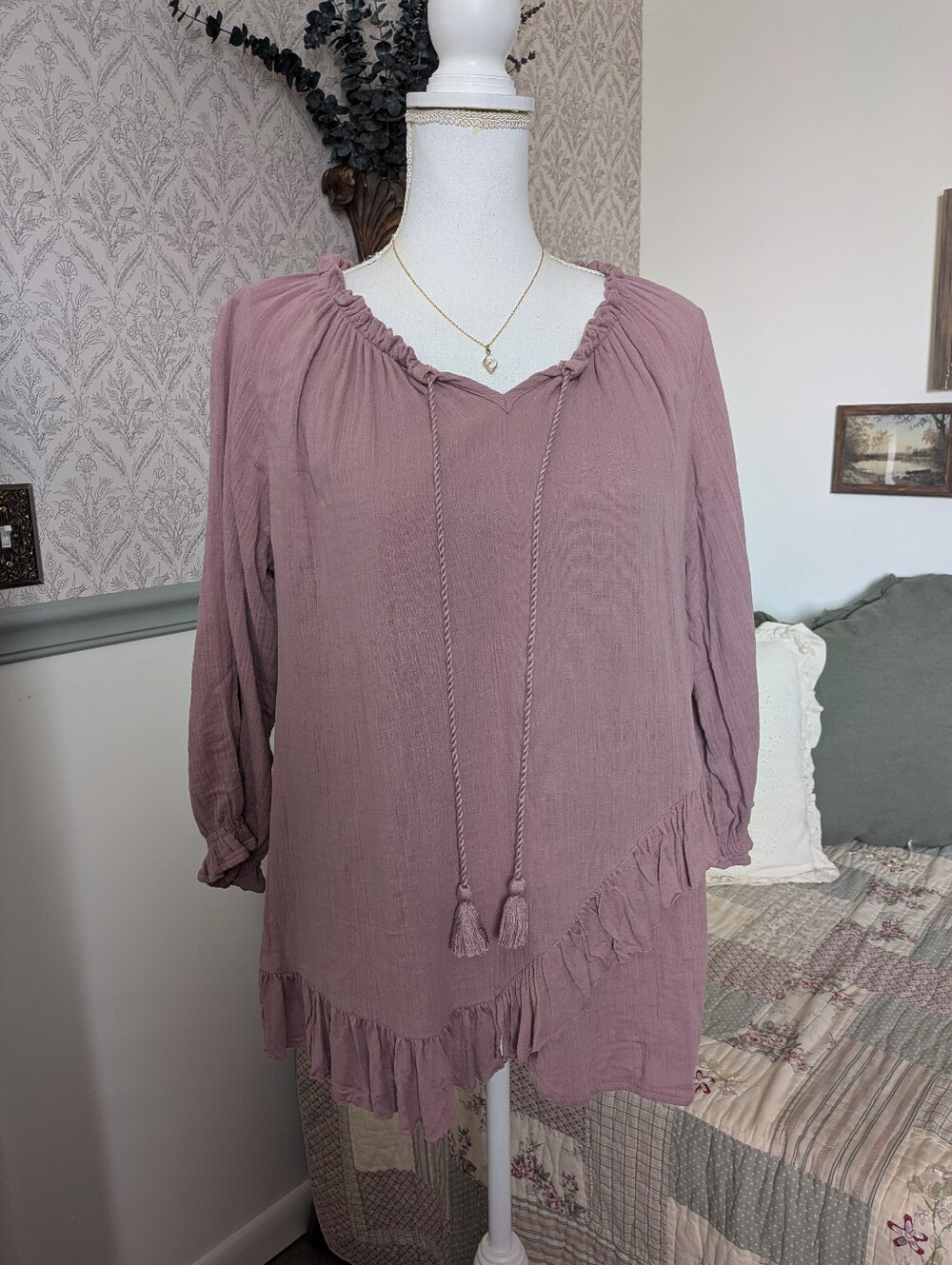 April Cornell Rose Petal Amethyst Cotton Gauze Ruffle Blouse S